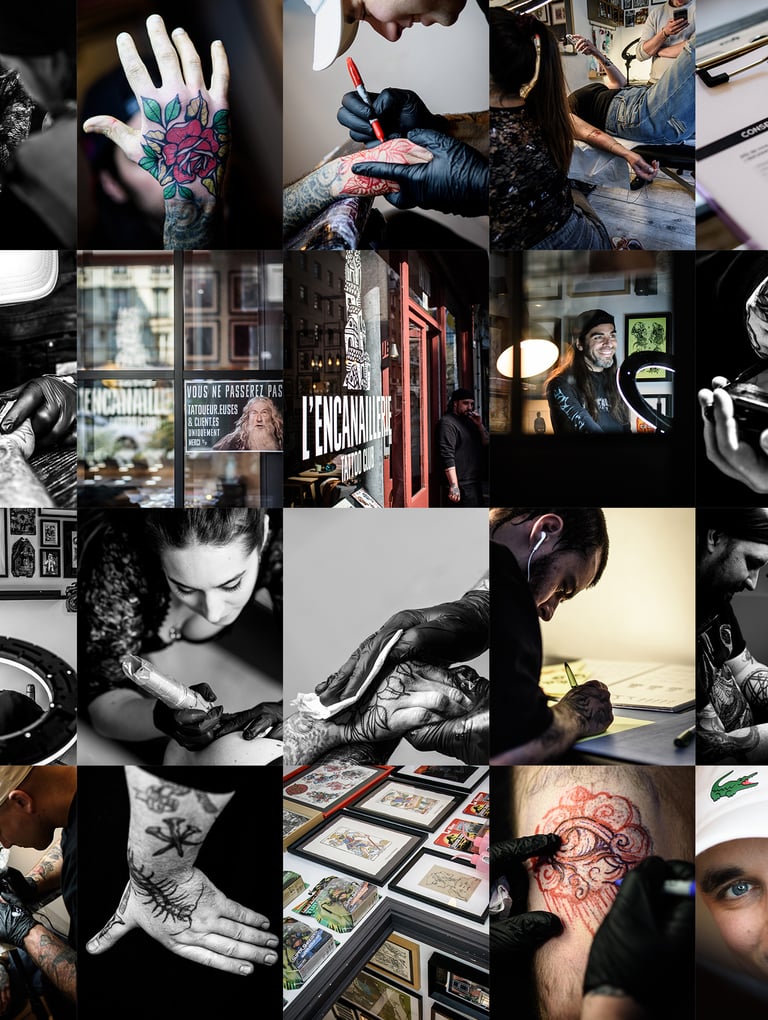 Professional tattoo artists working on detailed body art designs and sketches inside a modern tattoo studio