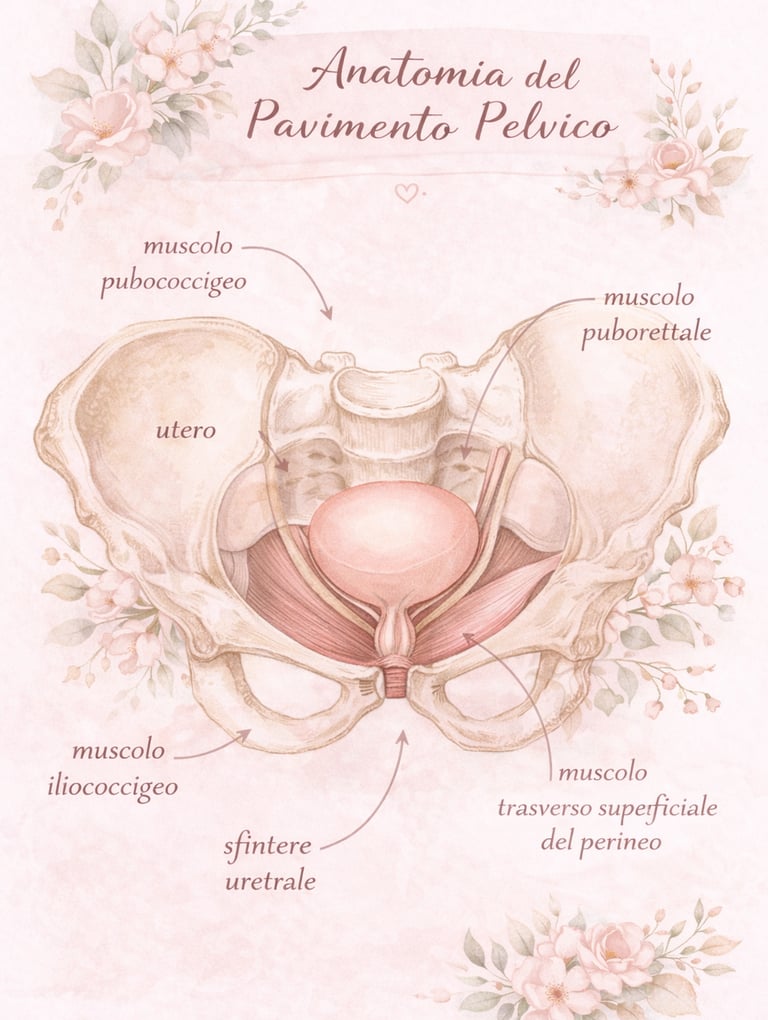 Illustrazione anatomica del pavimento pelvico femminile con muscoli e organi pelvici–riabilitazione