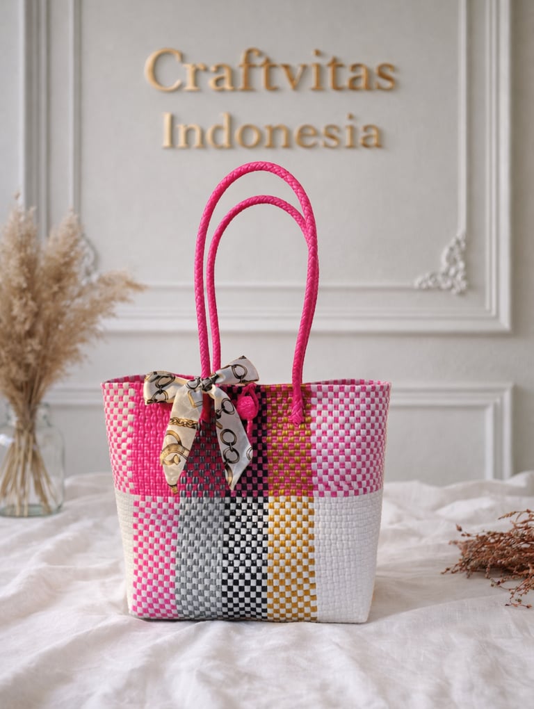Tas anyaman plastik motif batik warna pink mix handmade dari Craftvitas Indonesia
