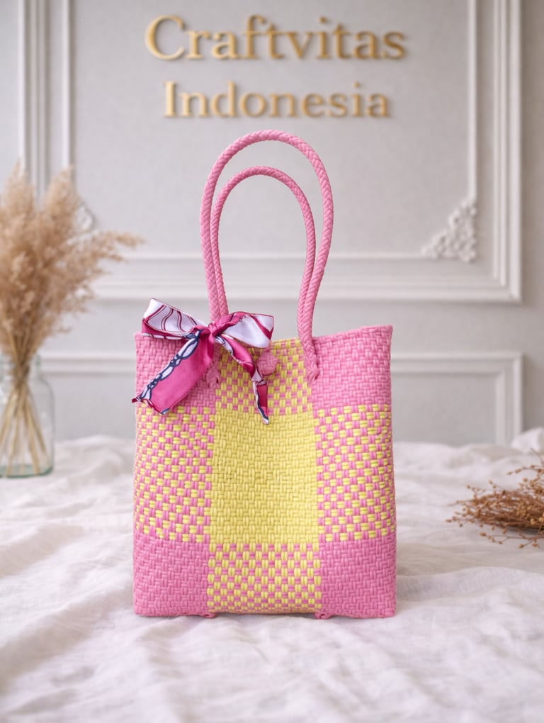 Tas anyaman plastik motif batik pink kuning handmade Craftvitas Indonesia