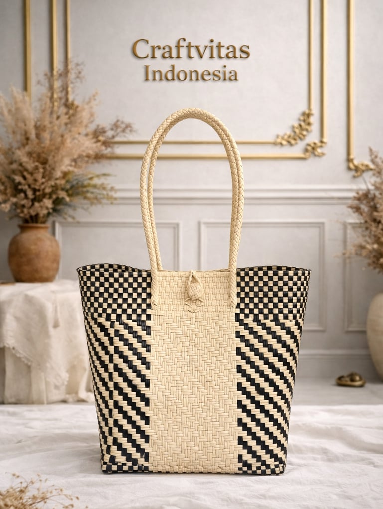 Tas anyaman plastik handmade warna putih multicolor motif diamond variasi dari Craftvitas Indonesia