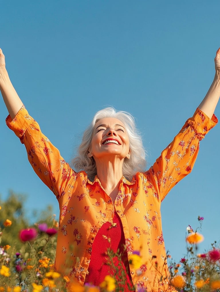 Mujer de entre 40-60 años levantando las manos al aire con expresión sonriente