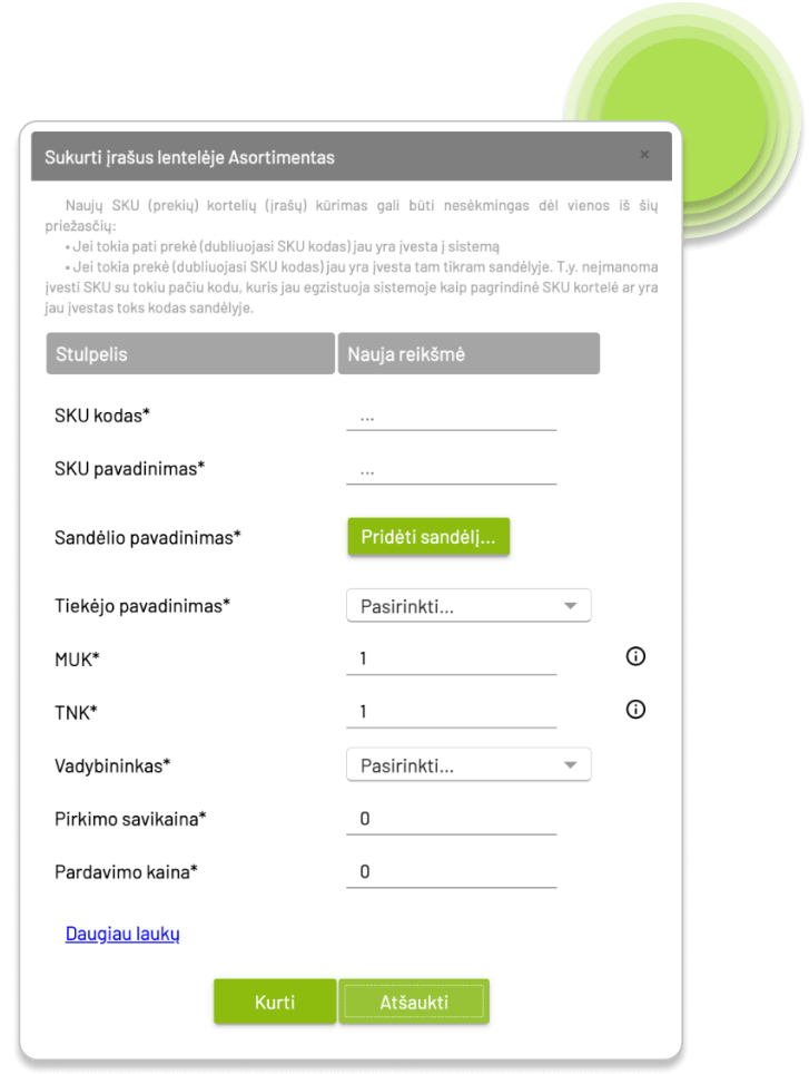 FluentSTOCK naujo SKU (prekės) sukūrimo forma. Tiekimo grandinės valdymas