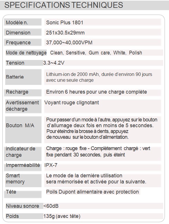 SPECIFICATIONS TECHNIQUES brosse à dent aquolab sonique hygiene-precision