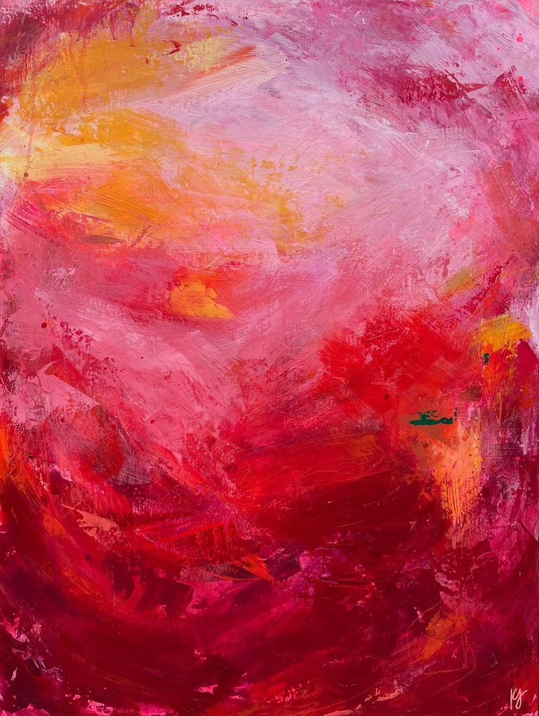 Kate Young abstract painting, size 48x36, pink and red, Guelph artist