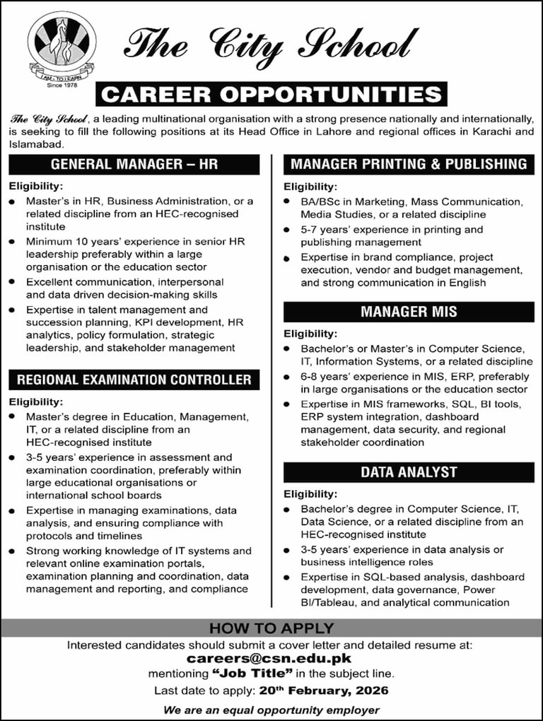 The City Schools Lahore / Karachi / Islamabad Jobs 2026 February Data Analyst, MIS Manager & Others Latest