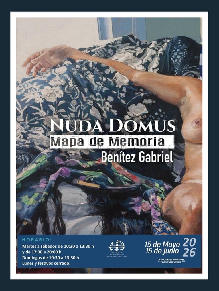 Art exhibition poster for Nuda Domus by Benitez Gabriel featuring an oil painting of a reclining nude figure.
