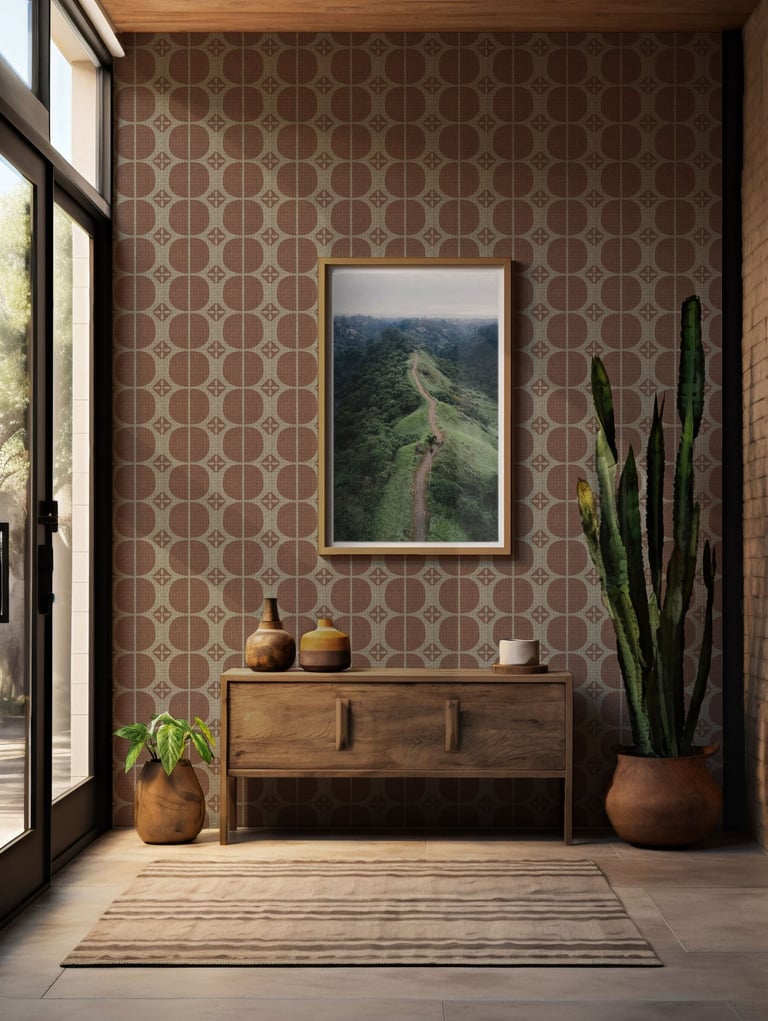Stylish entryway with a brown geometric wallpaper design, wooden console table, potted plants,