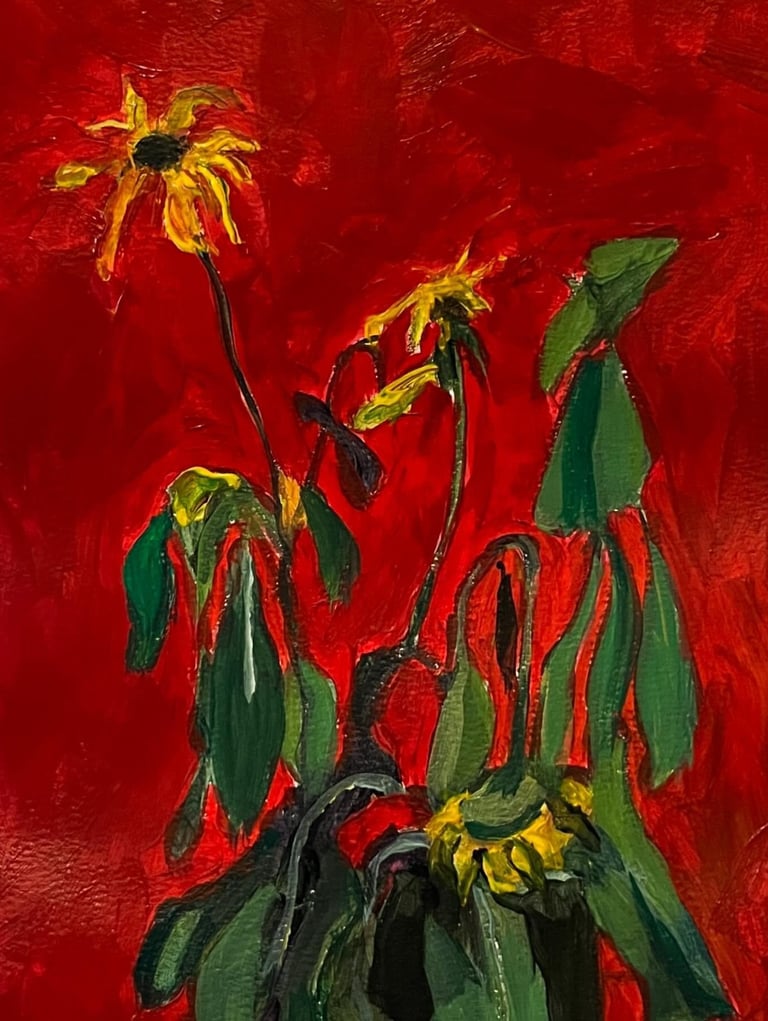 Dying Flowers on Red on Paper in Acrylic