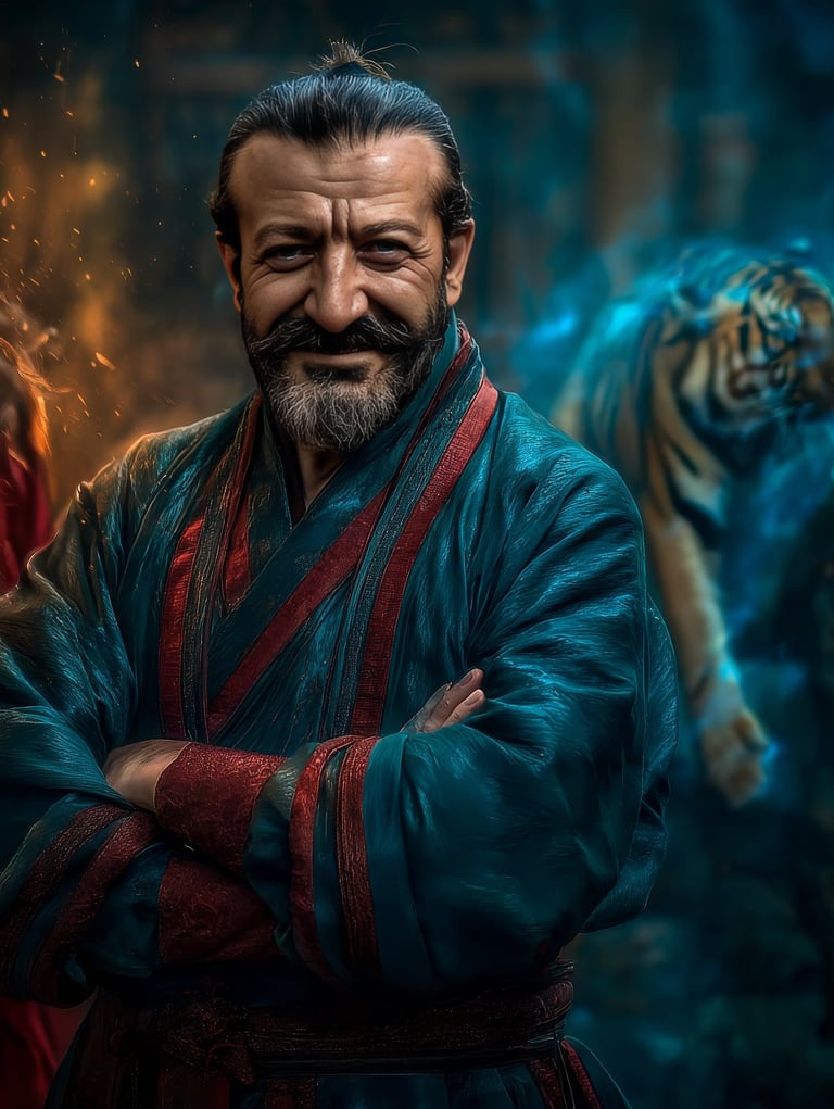 WDP İstanbul Taiji ve Kılıç (Jian) eğitmeni Mehmet Başkak. Sakallı, saçları topuzlu, mavi geleneksel kıyafetli, kolları bağlı