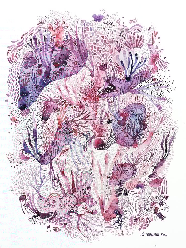 Aquarelle surréaliste micro jardin aquatique  rose 