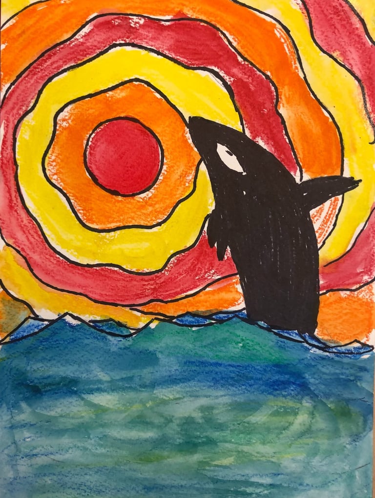 watecolor painting of an orca and the sun