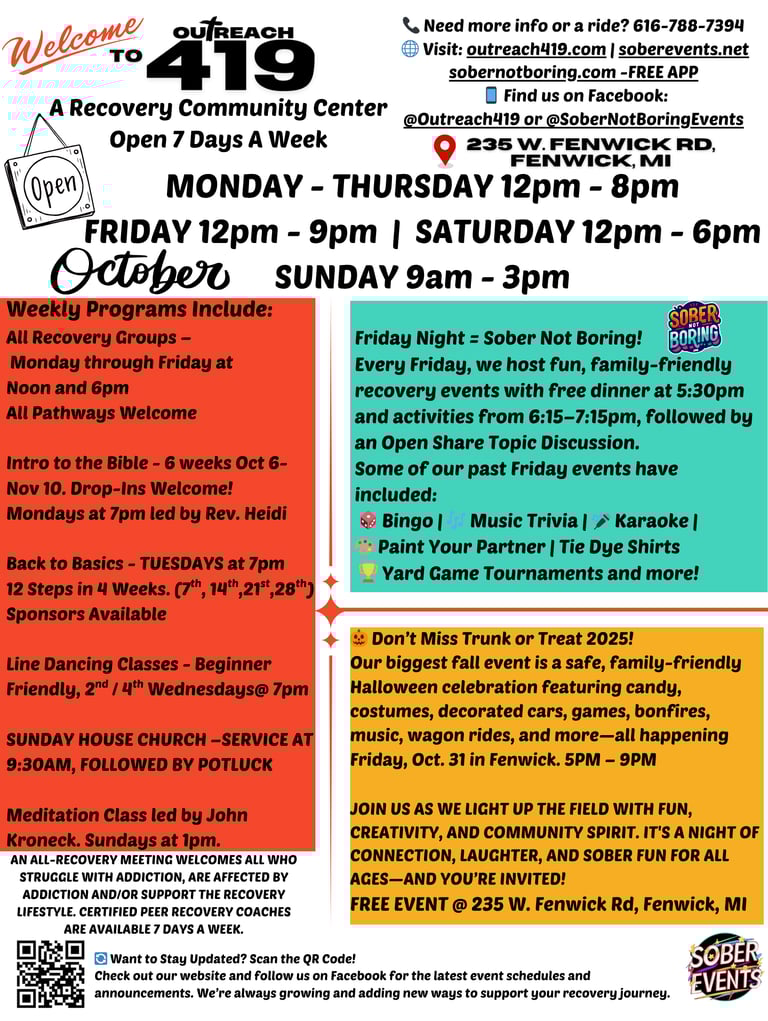 October 2025 Sober Events flyer Montcalm county