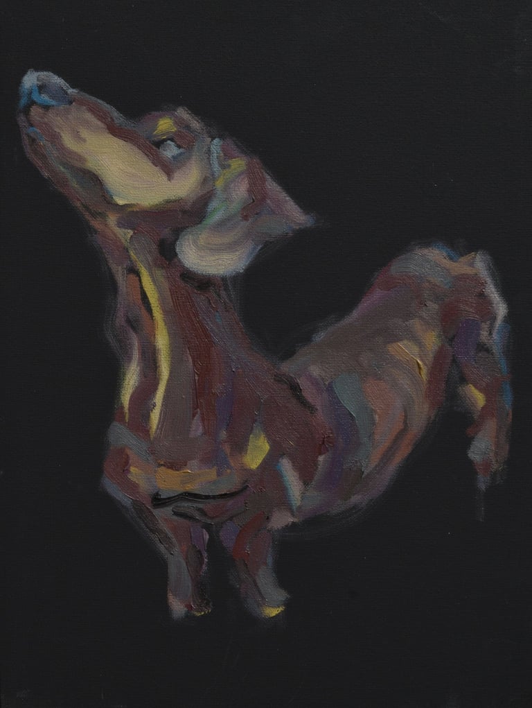 Dog in shelter oil painting by Lina Mikuzyte