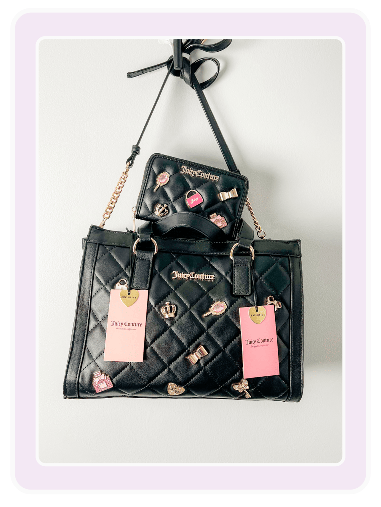 Black Juicy Couture quilted tote bag and matching wallet with pink and gold charms.