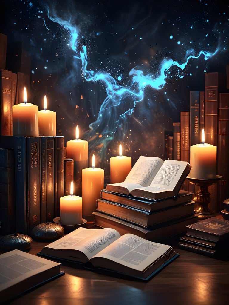 Books and lit candles on a desk with mystical celestial background