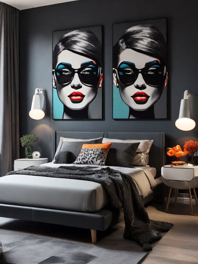 Pintura pop-art de rosto de mulher com expressão alegre.