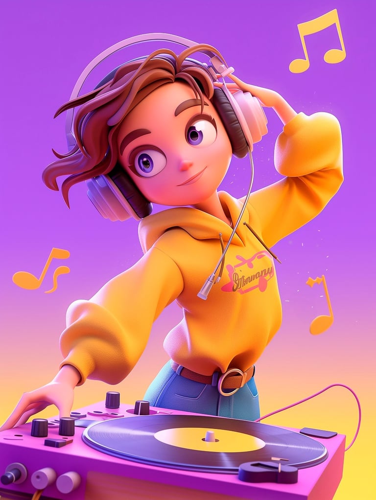 a cartoonish looking girl in a yellow hoodie