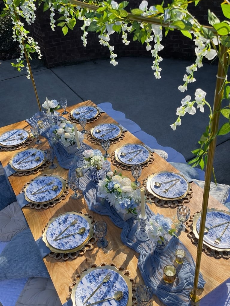 Southern bridal shower baby shower luncheon luxury picnic Blue Willow blue and white theme