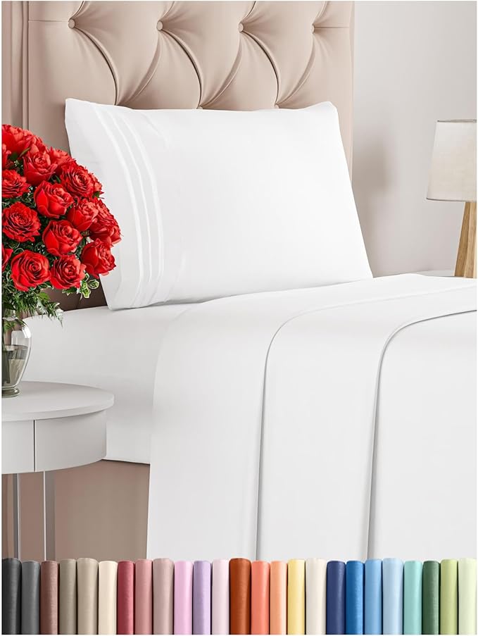 White Twin XL 3-piece sheet set with deep pockets and ultra-soft brushed microfiber fabric