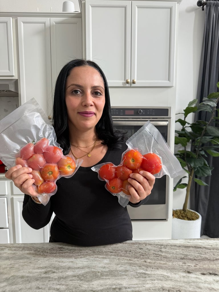 By Eya holding frozen tomatoes 