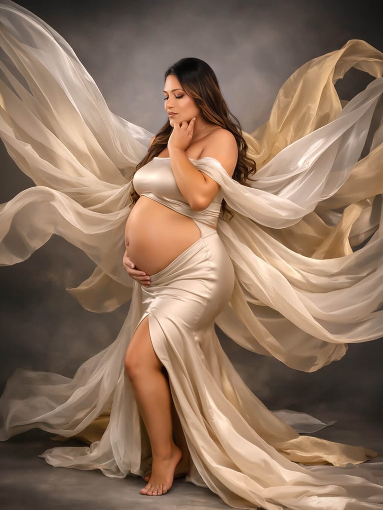 Beautiful expectant mother in a flowing champagne gown, 53fotografia cochabamba bolivia