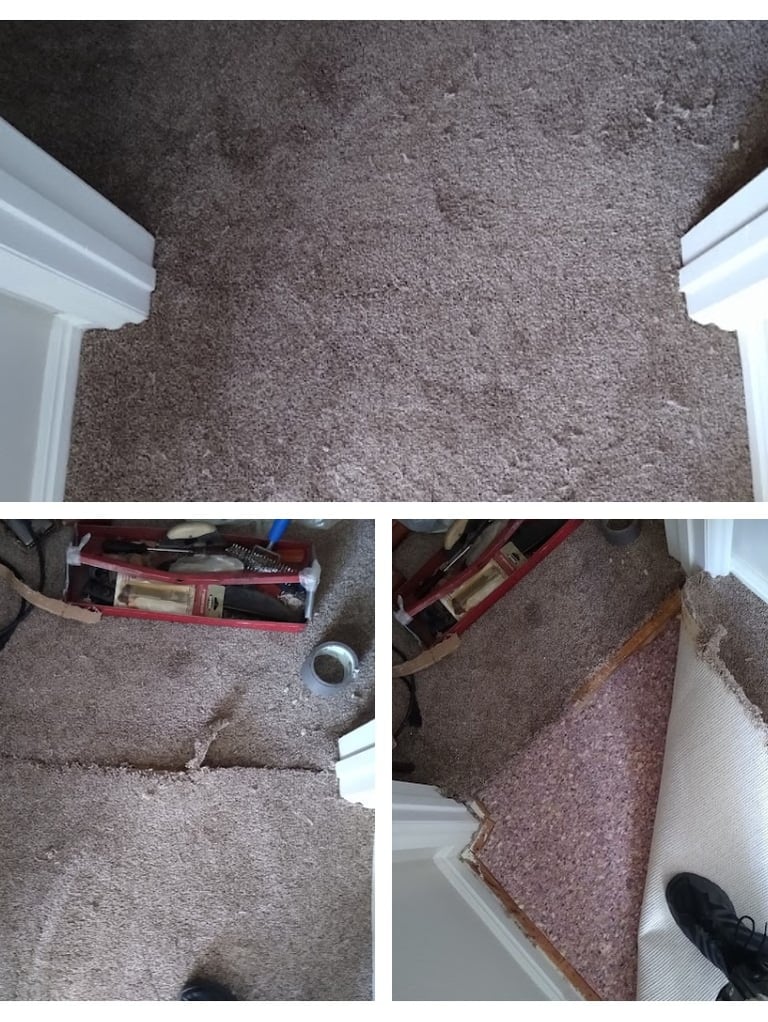 Before and after repair of this torn carpet that occured during removal it after a flood in Lehi, ut