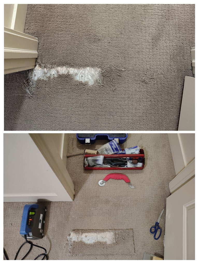 Pet damage to this doorway carpet in Draper, UT completely repaired by Flooring R&R for great price.