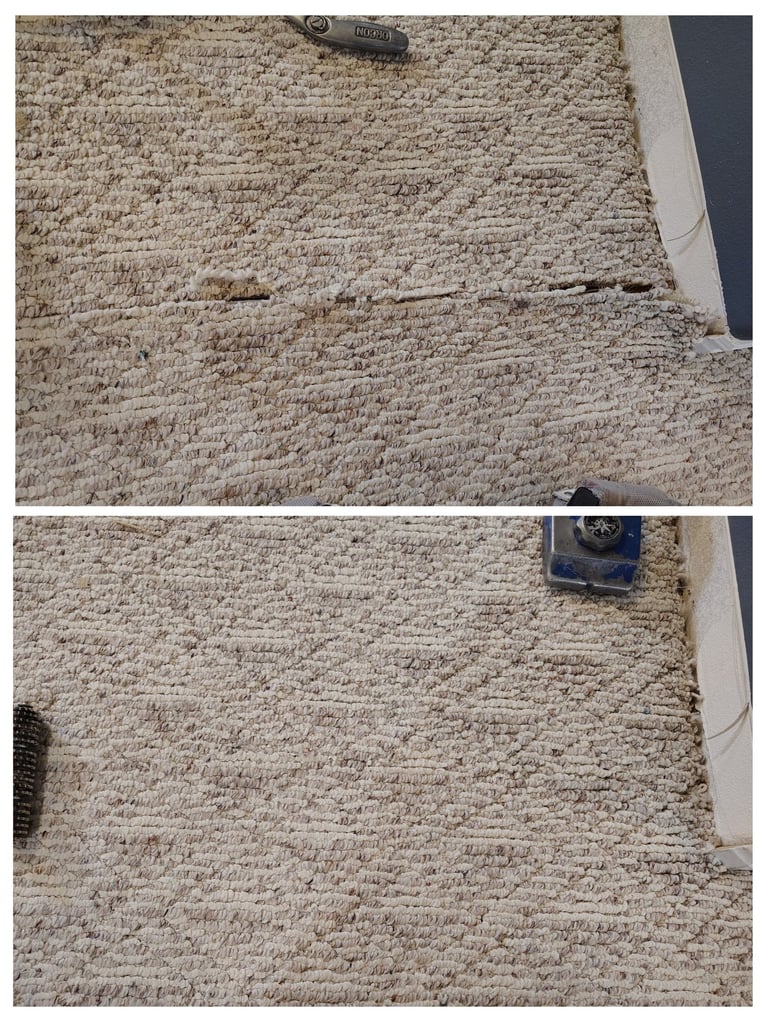 Before and after of this expert seam repair which was torn due to flooding located in Sandy, Ut.