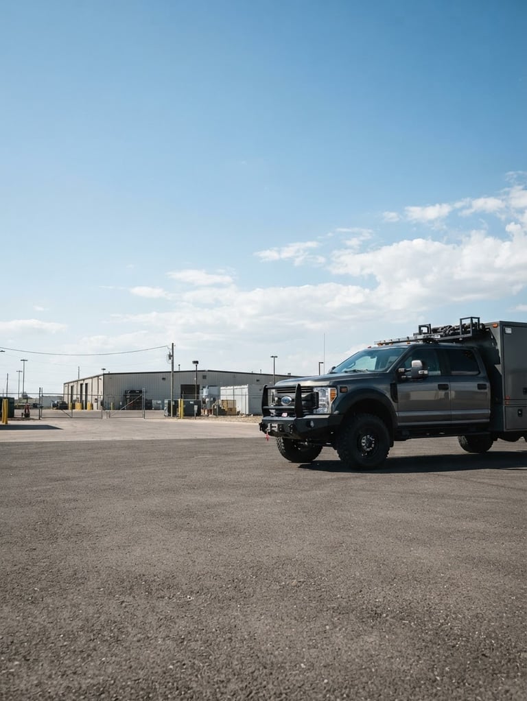 Wide panoramic shot of a clean, branded CASSIDY CONSULTING GROUP fleet vehicle, a heavy-duty tactical truck, parked on a paved lot under crisp natural daylight. The truck is positioned on the right third of the frame, with expansive, clear sky above and a low horizon. High-contrast industrial tones, sharp focus, 35mm lens.
