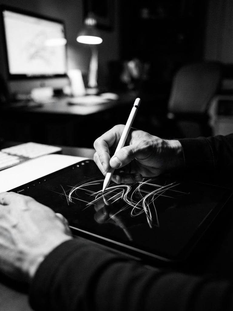 High-contrast black and white photograph, dramatic hard key light, sharp shadows, minimalist editorial composition, extreme close-up of a designer's hands sketching on a tablet, a modern workspace blurred in the background.