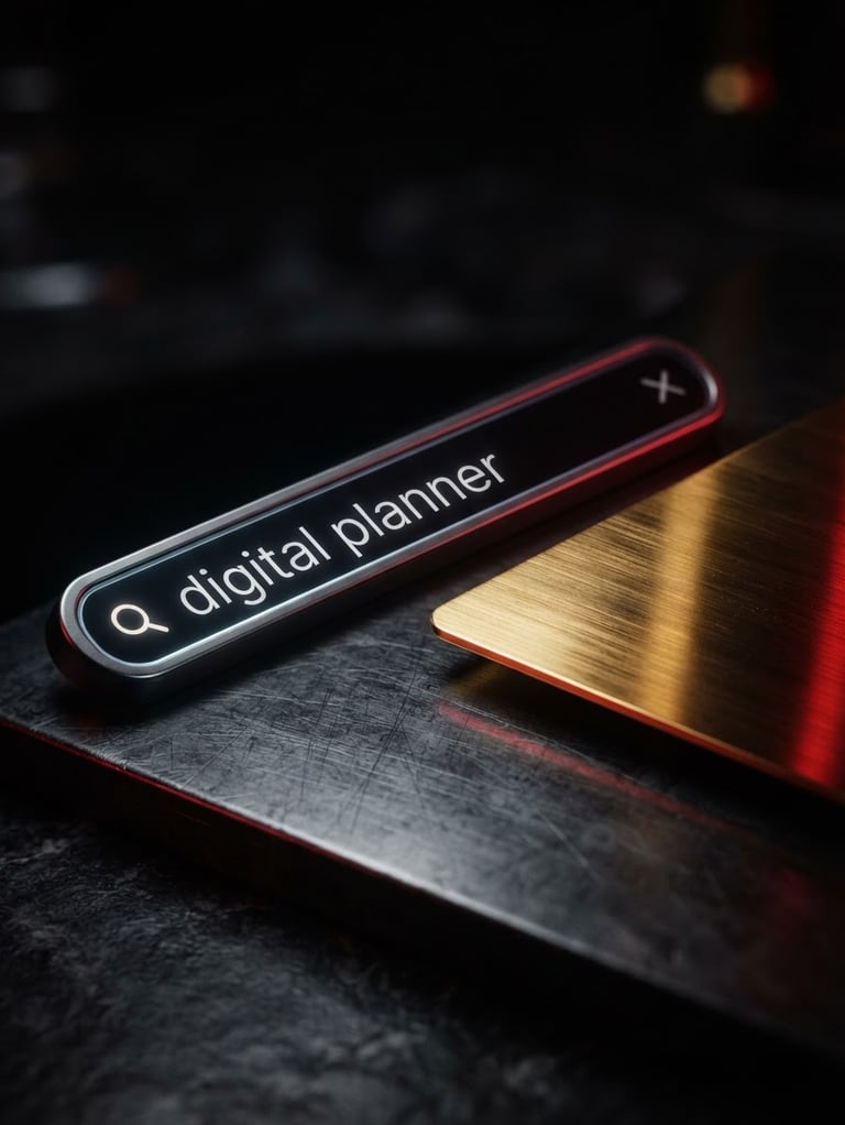 Close-up UI mockup of a search bar displaying 'digital planner' with a dramatic gold verdict card, metallic gold reflections, high-contrast low-key lighting, macro depth of field.