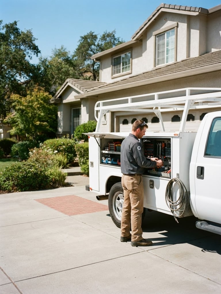 Clean service truck parked on a Danville driveway, technician in uniform, bright natural daylight, crisp documentary photography, 35mm