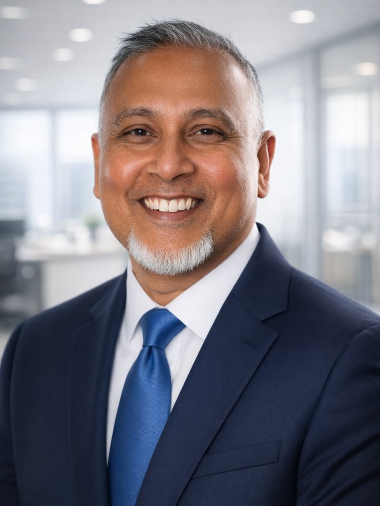 the image is of the founder Derrick Lildhar. He is smiling wearing a navy-blue suite in an office