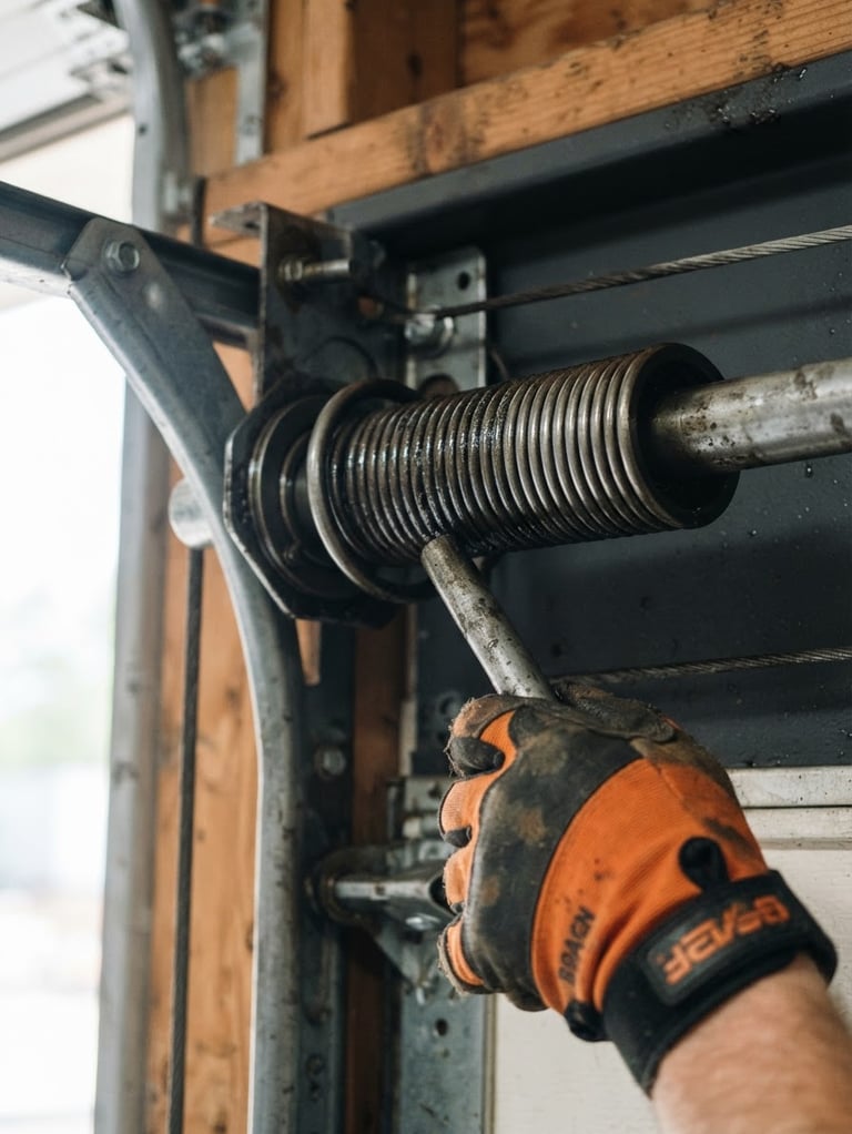 Close-up of heavy-duty steel garage door torsion springs, well-oiled, with a technician's hand in a work glove adjusting it, bright natural daylight, high-contrast charcoal and orange tones, sharp focus, 35mm lens.