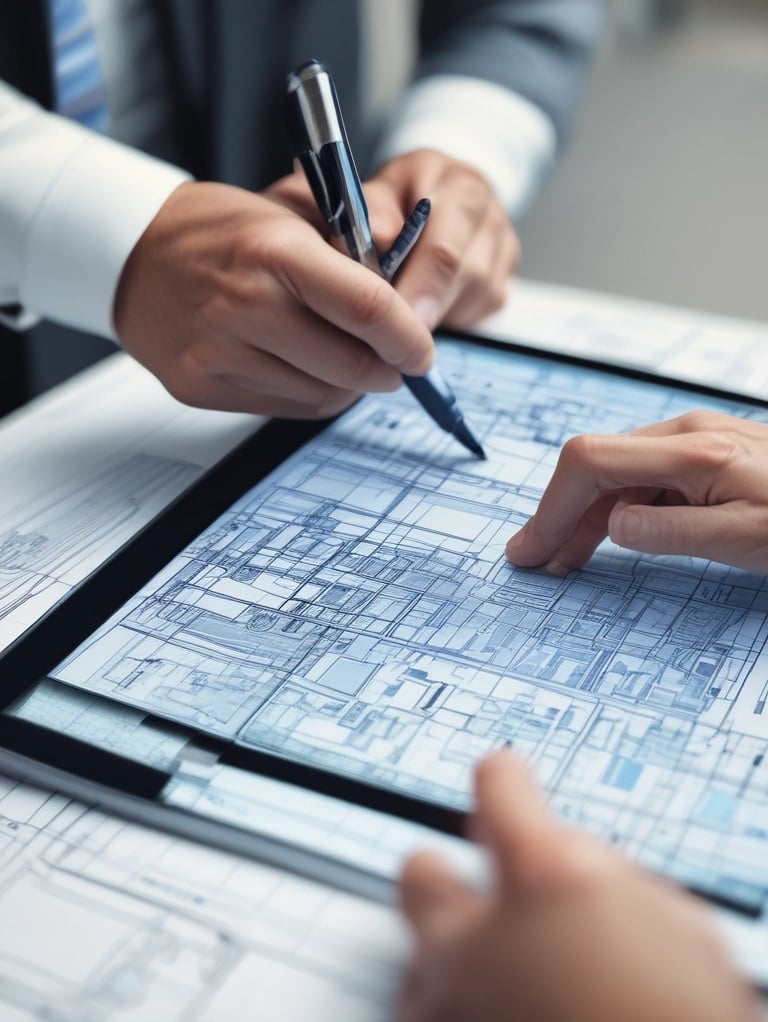 A civil engineer reviewing blueprints on a construction site with modern buildings in the background.
