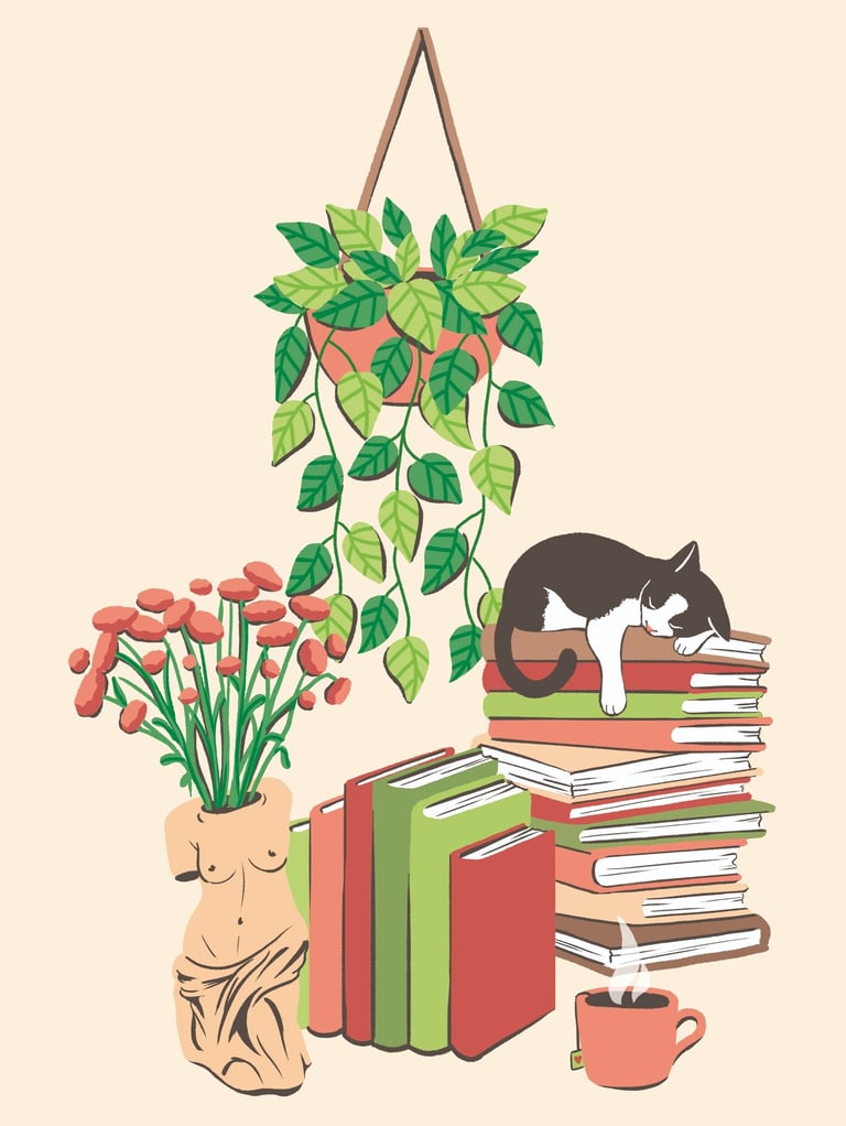 a cat sleeping on a pile of books, a hanging plant, a tea, a vase with the shape of a greek bust