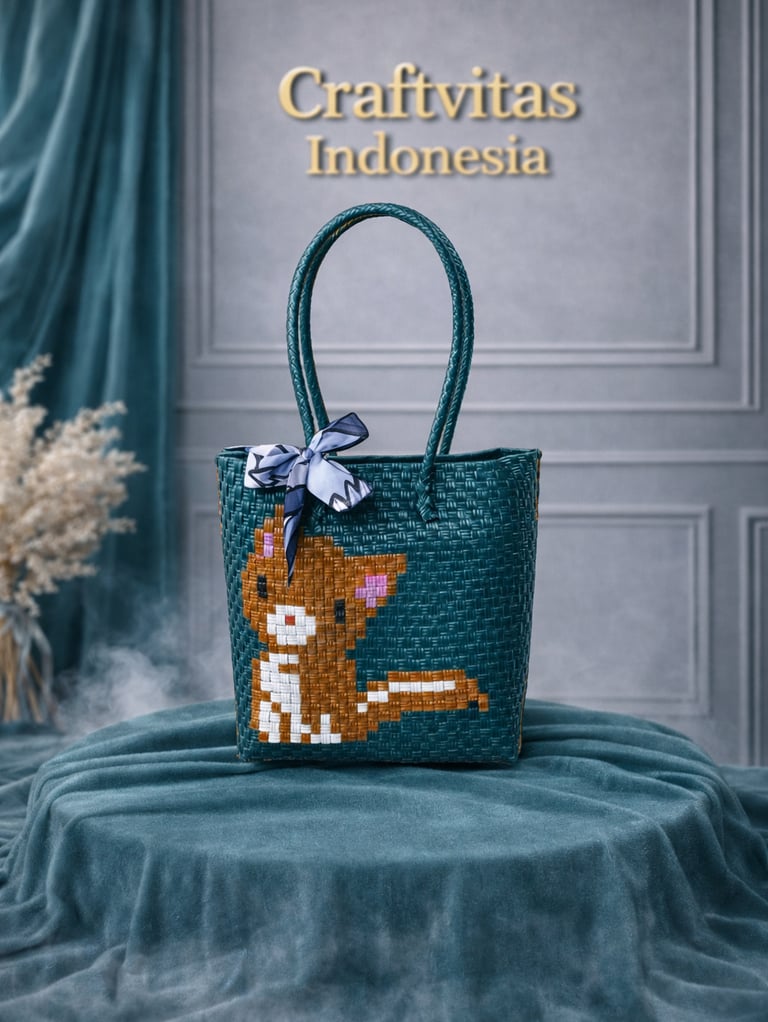 Tas anyaman karakter kucing warna hijau botol handmade cocok untuk souvenir