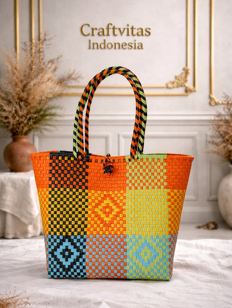 Tas anyaman plastik handmade multicolor cerah motif patchwork unik dari Craftvitas Indonesia