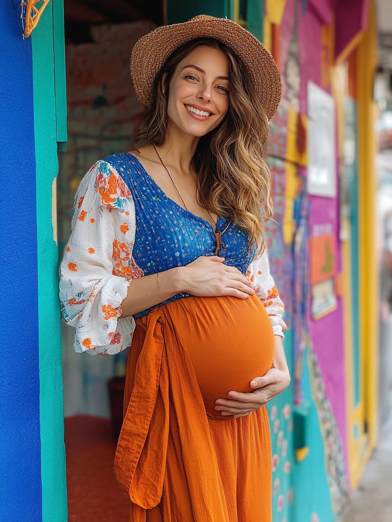 Mujer bohemia embarazada recargada en el filo de una puerta de una casa de colores