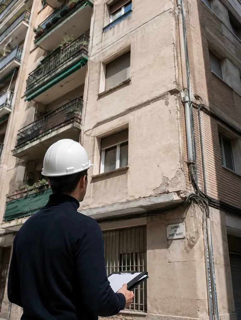 ITE edifici: Arquitecte tècnic realitzant una Inspecció Tècnica d'Edificis (ITE) en un edifici 