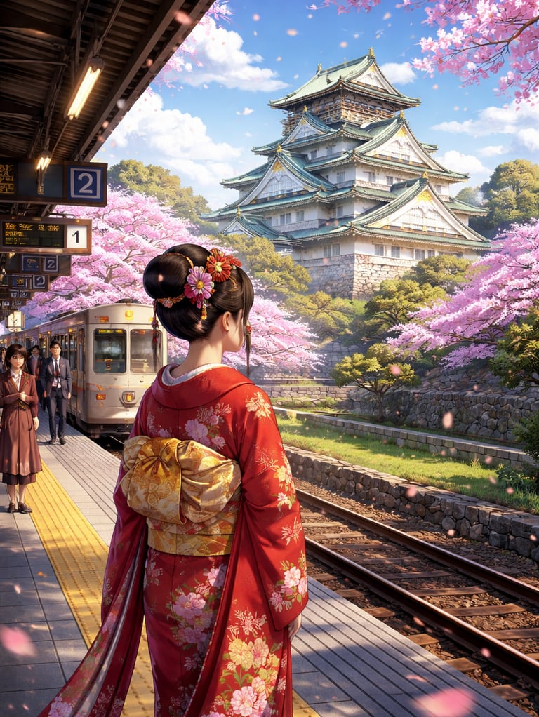 Imagen estilo anime, donde esta en una estacion de tren en Japón, de fondo hay un castillo japones.