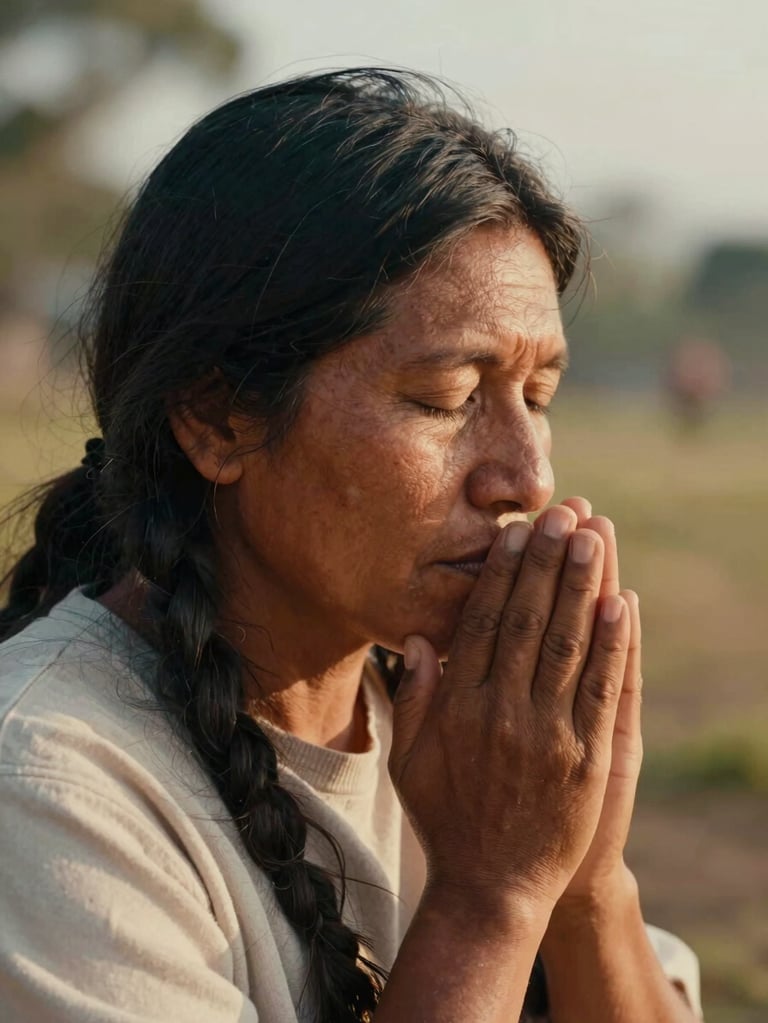 A close-up candid portrait of an indigenous Christian leader in a quiet moment of prayer, warm natural daylight, shallow depth of field, peaceful expression