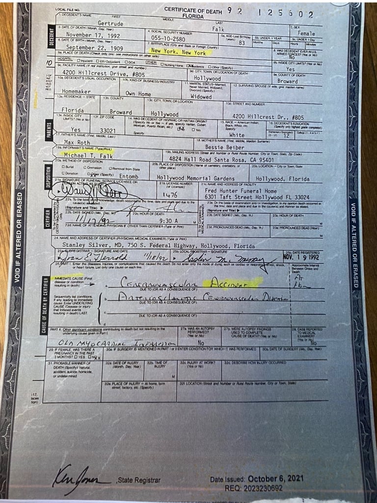 Death Certificate Gertrude Falk