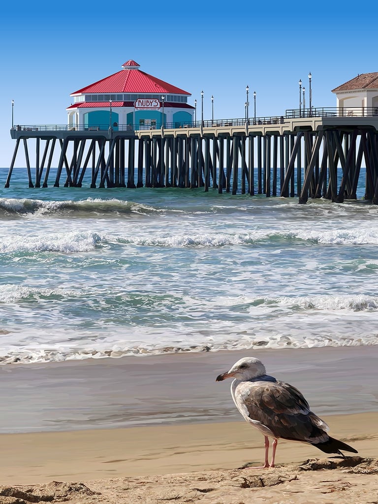 Huntington Beach Pier Painting Illustration - vector hyperrealism