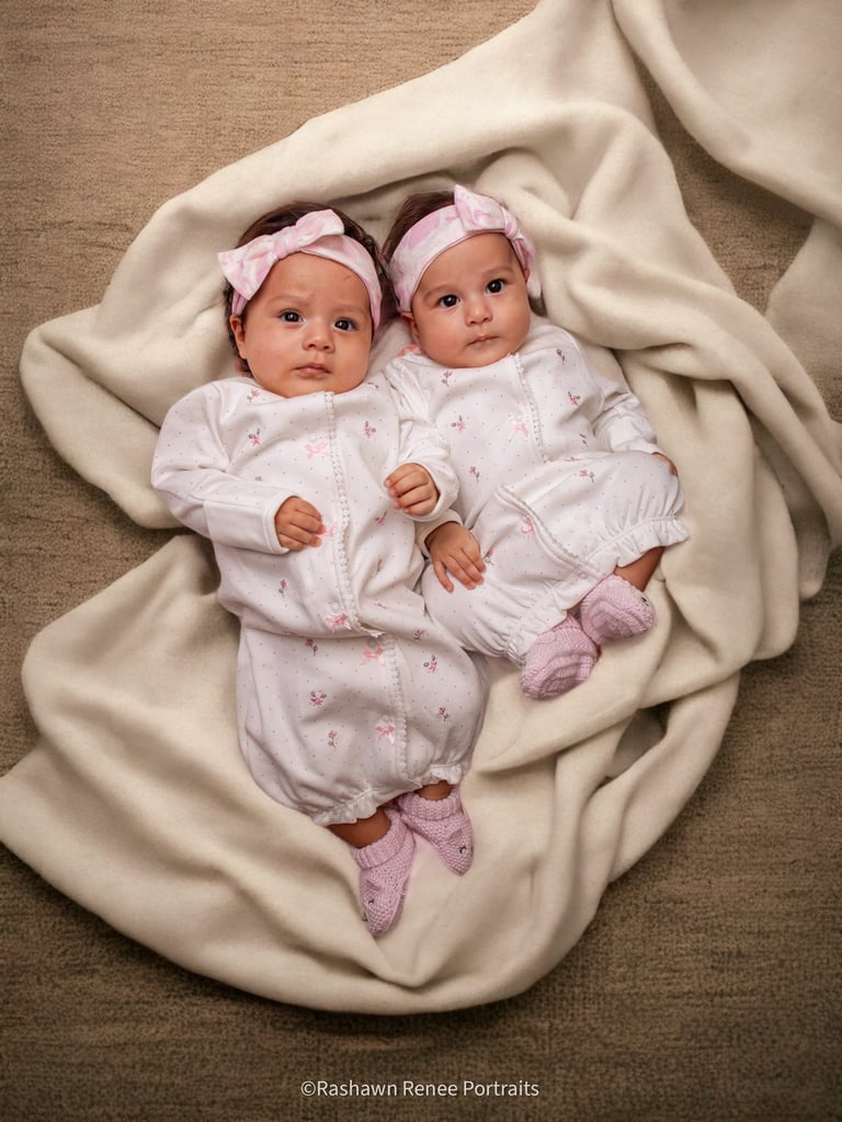two babies are laying on a blanket for a in home portrait session
