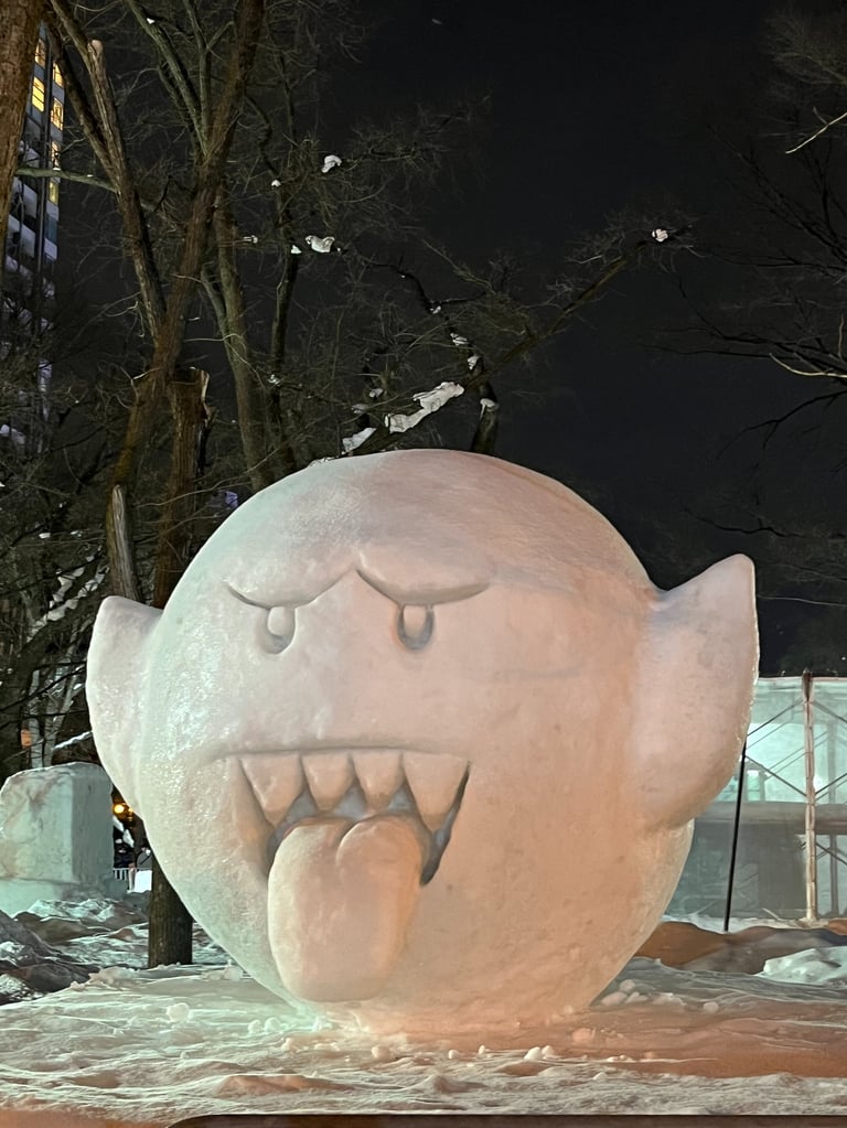 a large snow sculpture of ghost boo in yuki matsuri sapporo hokkaido japan