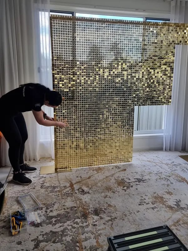 Shimmer Wall featured at a Gold Sweet16 in Annerley, Brisbane - party hire by SweetAz Co.