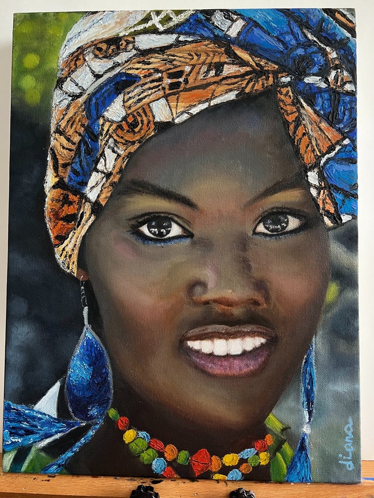 a painting of an afro-american woman with a colorful head scarf