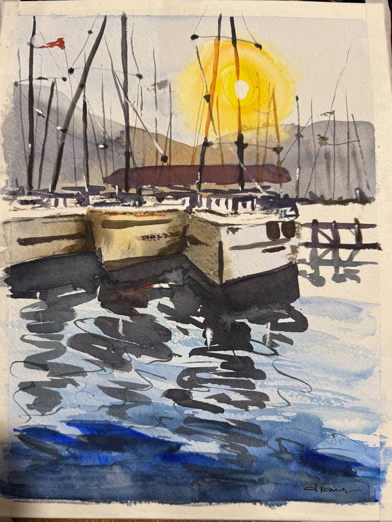 a painting of a marina during the sunset